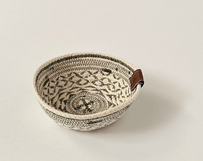 Featured listing image: Jewelry Basket, Trinket Rope Bowl - Olive Green Pattern