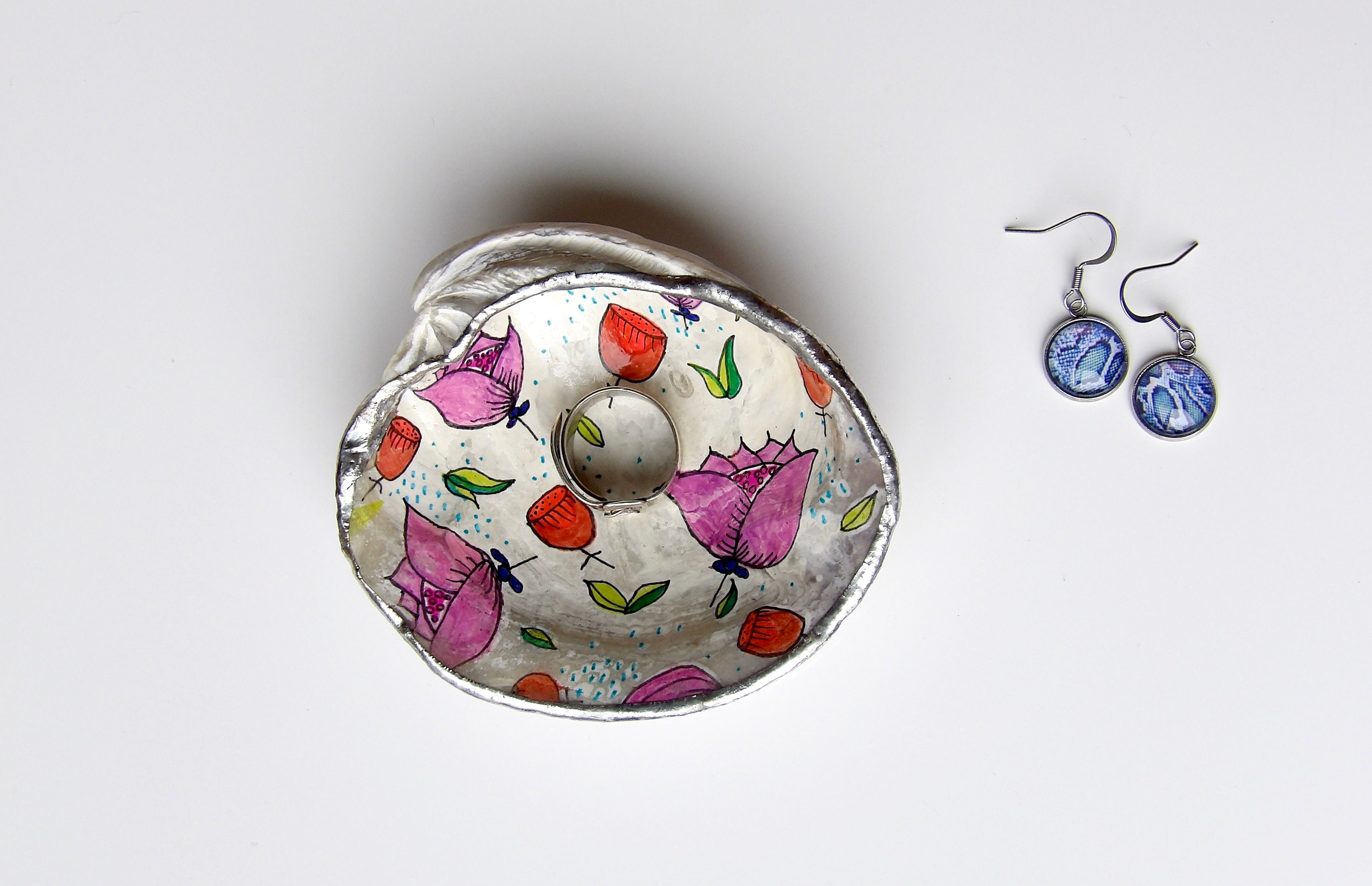 Purple, Red, Floral, Jewelry Dish, Art, Shell, Beach ...