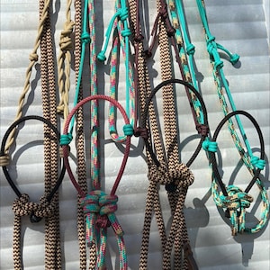 Puede incluir: Una colección de coloridas cabezadas para caballos colgadas contra un fondo gris claro. Las cabezadas presentan varios diseños y colores de cuerda, incluyendo beige, negro, turquesa y rosa. Algunas cabezadas tienen detalles de cuero.