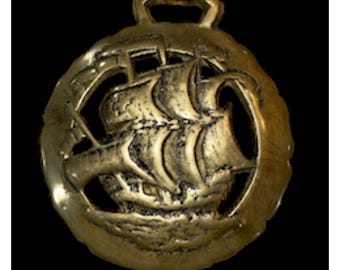 Vintage Brass Horse Medallion Sea Ship Sail Boat Large 4.75 In