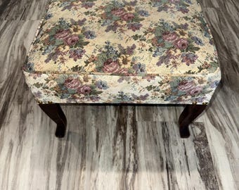 Vintage Footstool Ottoman Floral Tapestry Wood Legs Cream Blue Mauve Flowers