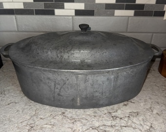 Vintage Cast Aluminum Heavy Oval Roaster Dutch Oven Stockpot Dome Lid 10 Qt Read