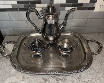 Juego de café y té VTG de 5 piezas Oneida Silverplate Du Maurier con bandeja. Leer