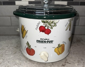 Olla de cocción lenta Rival vintage modelo 3120, diseño para verduras, 2.5 cuartos de galón, tapa de vidrio, funciona.