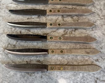 6 Vintage Ekco Forge Steak Knives Stainless Serrated Wood Handle Curved Tip