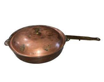Vtg Copper Fry Skillet Pan Brass Handles 10 Inch Patina Farmhouse Decoration