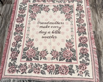 Plaid afghan tissé vintage Grandma Sweeter 50x42, motif roses champêtres, rose