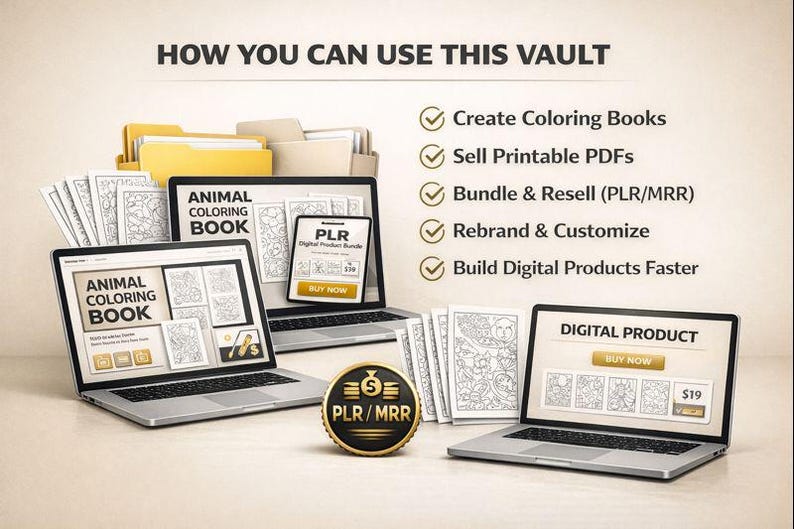 May include: Image showcasing digital product options, including laptops and a tablet displaying an "Animal Coloring Book" and "Digital Product" interface. The text reads "How You Can Use This Vault" and lists options like creating coloring books and selling PDFs.