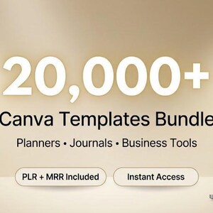 Pode incluir: Imagem promocional de um pacote de modelos Canva com mais de 20.000 modelos para planejadores, di&aacute;rios e ferramentas de neg&oacute;cios. A imagem inclui tablets, telefones e um laptop exibindo os modelos. O texto inclui "PLR + MRR Included".