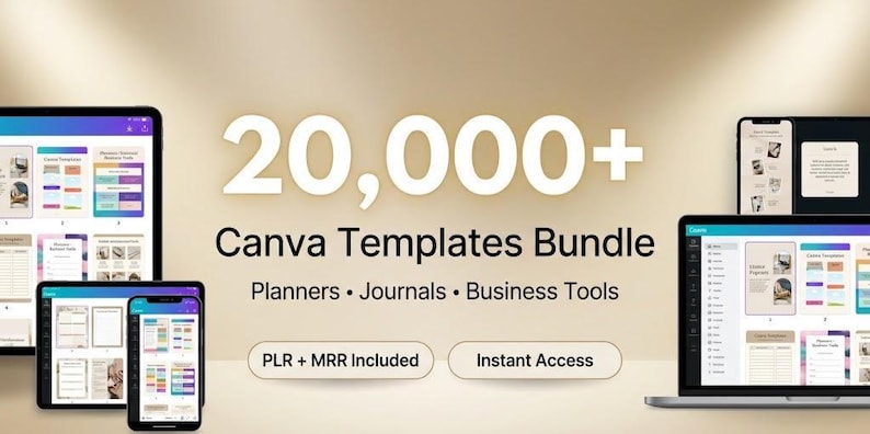 Pode incluir: Imagem promocional de um pacote de modelos Canva com mais de 20.000 modelos para planejadores, di&aacute;rios e ferramentas de neg&oacute;cios. A imagem inclui tablets, telefones e um laptop exibindo os modelos. O texto inclui "PLR + MRR Included".