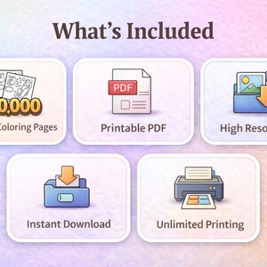 May include: An image with the text "What's Included" features icons representing 100,000 coloring pages, printable PDF, high resolution, instant download, and unlimited printing. The icons are in a light blue and white color scheme.