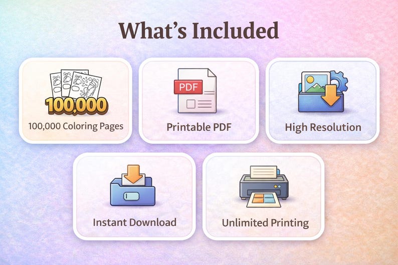 May include: An image with the text "What's Included" features icons representing 100,000 coloring pages, printable PDF, high resolution, instant download, and unlimited printing. The icons are in a light blue and white color scheme.