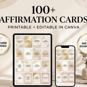 May include: Digital affirmation cards displayed on a tablet and smartphone, with the text "100+ AFFIRMATION CARDS PRINTABLE + EDITABLE IN CANVA." The image includes circular badges with the text "PLR + MRR INCLUDED" and "INSTANT DOWNLOAD."