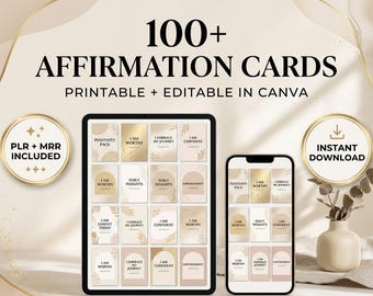 100+ Affirmation Cards Printable | Canva Template, PLR MRR (Digital Download)