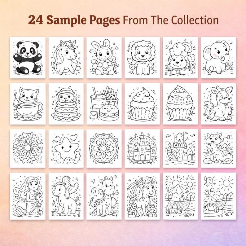 May include: A collection of 24 sample coloring pages. The pages feature various black and white illustrations of animals, food, and fantasy elements, including a panda, unicorn, cupcake, and castle. The text "24 Sample Pages From The Collection" is at the top.