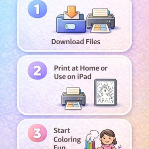 May include: An illustrated guide titled "How It Works" shows the steps for downloading, printing, and coloring files. The steps include downloading files, printing at home or on an iPad, and starting the coloring fun.