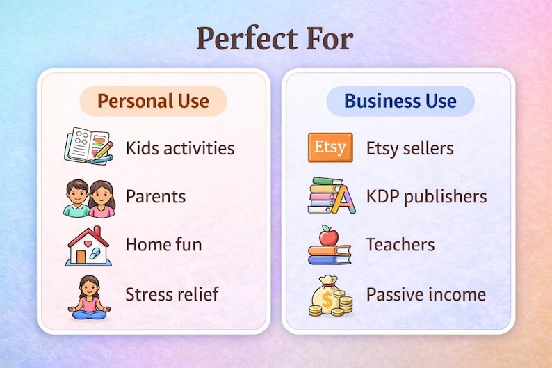 May include: An illustrated graphic with the text "Perfect For" and two sections: "Personal Use" and "Business Use." The personal use section includes icons for kids' activities, parents, home fun, and stress relief. The business use section includes icons for Etsy sellers, KDP publishers, teachers, and passive income.