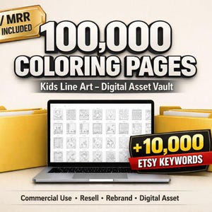 May include: A laptop displays coloring pages, flanked by yellow file folders. The image includes text: "100,000 COLORING PAGES" and "+10,000 ETSY KEYWORDS". Additional text indicates commercial use and digital asset availability.