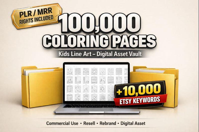 May include: A laptop displays coloring pages, flanked by yellow file folders. The image includes text: "100,000 COLORING PAGES" and "+10,000 ETSY KEYWORDS". Additional text indicates commercial use and digital asset availability.