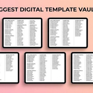 Pode incluir: Cinco tablets pretos exibindo listas de modelos digitais em um fundo gradiente rosa e p&ecirc;ssego. O texto "BIGGEST DIGITAL TEMPLATE VAULT" est&aacute; no topo. Os tablets mostram categorias como gr&aacute;ficos de m&iacute;dia social e modelos de neg&oacute;cios.