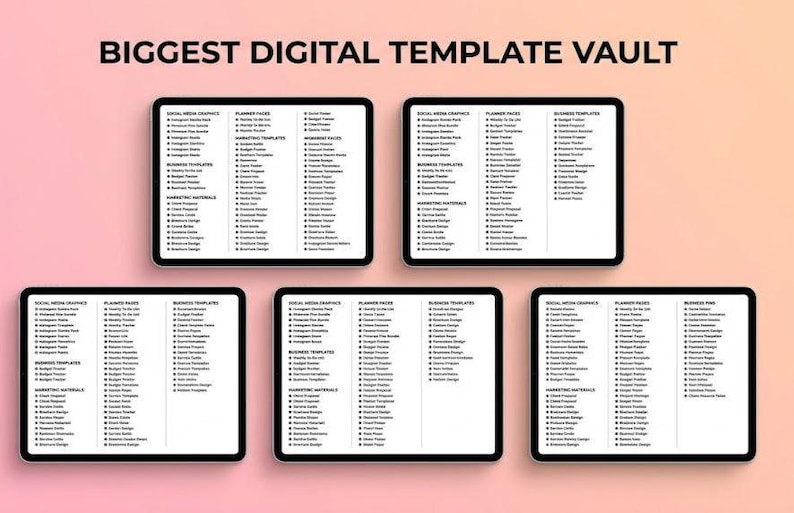 Pode incluir: Cinco tablets pretos exibindo listas de modelos digitais em um fundo gradiente rosa e p&ecirc;ssego. O texto "BIGGEST DIGITAL TEMPLATE VAULT" est&aacute; no topo. Os tablets mostram categorias como gr&aacute;ficos de m&iacute;dia social e modelos de neg&oacute;cios.