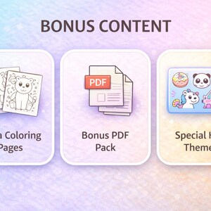 May include: Image with the text "BONUS CONTENT" above three illustrated icons. The icons are labeled "Extra Coloring Pages", "Bonus PDF Pack", and "Special Kids Themes". The coloring pages feature a unicorn and a bear.