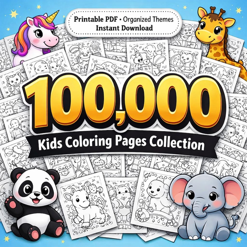 May include: A collection of 100,000 kids' coloring pages. The image features a large "100,000" graphic, surrounded by cartoon animals like a unicorn, giraffe, panda, and elephant. The text "Printable PDF - Organized Themes - Instant Download" is also visible.