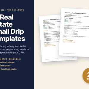 May include: A digital product featuring 21 Real Estate Email Drip Templates for realtors. The dark blue graphic includes white text, checkmarks, and two white document pages showing email sequences for first-time buyers and sellers.