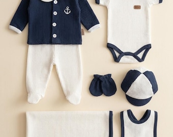 Little Sailor 7-delige newbornset, 100% katoenen gebreide marineblauwe ziekenhuisoutfit