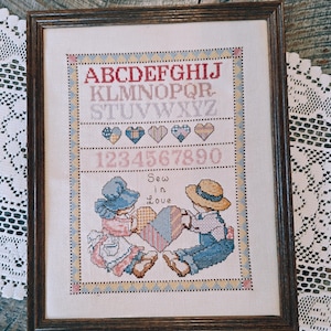 Vintage Alphabet Cross Stitch Sampler | Framed Needlework | 1987 Cottage Wall Art