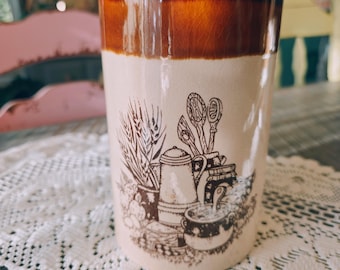 Recipiente de cerámica estilo granja vintage / Decoración de cocina de gres con esmalte marrón y efecto goteo