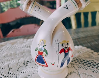 Juego de vinagreras de cerámica vintage con motivos de arte popular / Pareja pintada a mano, doble pico, decoración de cocina rústica