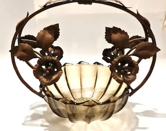 TheBidder Presents: Antique French Art Deco Smoked Glass Bowl with Iron Floral Handle