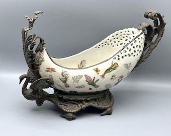 Impressive Large Art Nouveau Style Ceramic Bronze Centerpiece Bowl Handpainted