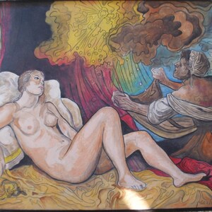 May include: A framed watercolor painting depicting a nude figure reclining on a bed with a golden blanket. A second figure is in the background, with a dramatic sky and drapery. The artwork is in a dark wooden frame.