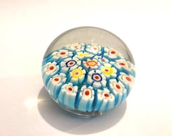 Italy Millefiori Art Glass Paperweight Red White Yellow Dark Blue Aqua Flowers