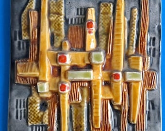 TheBidder presenta: VTG firmato da GOFER, targa murale in ceramica israeliana Art Déco fatta a mano, piastrella astratta