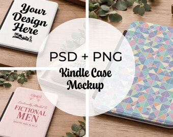Pacchetto di mockup di custodie per Kindle / Mockup di custodie per Kindle Paperwhite e Colorsoft / Oggetto intelligente PNG e PSD / Mockup di accessori per Kindle / Scena accogliente
