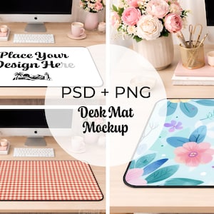 Paquete de maquetas de alfombrillas de escritorio / Maquetas de alfombrillas de escritorio en PSD y PNG / Maqueta de espacio de trabajo femenino / Escena de escritorio de oficina con estilo / Conjunto de maquetas compatible con Canva