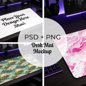 May include: A mockup image showcasing various desk mat designs. One mat is white with the text "Place Your Design Here", another features a pink marble pattern, and a third displays a tropical landscape. The image includes the text "PSD + PNG Desk Mat Mockup".