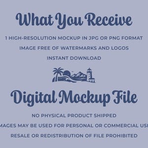 May include: A digital mockup file graphic on a light purple background. The text reads "What You Receive" and lists features like a high-resolution mockup in JPG or PNG format, free of watermarks, and instant download. The image includes a coastal scene.