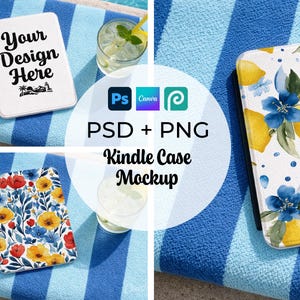 Paquete de maquetas de fundas para Kindle en formato PSD y PNG, maqueta de estilo de vida veraniego junto a la piscina, maqueta de funda para lector electrónico, maqueta para impresión bajo demanda (POD), objeto inteligente, descarga digital.