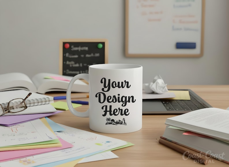 White 11oz ceramic mug mockup sitting on a wooden teacher's desk surrounded by textbooks, graded papers, reading glasses, and school supplies with a chalkboard in the background.