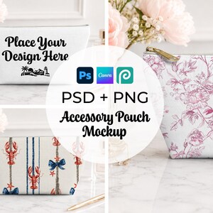 Accessory Pouch Mockup Bundle, T-Bottom Zipper Bag PSD PNG Mockup, Cosmetic Bag Mockup, Makeup Bag Flat Lay, Marble Luxe Scene