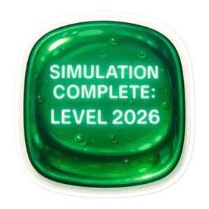 Puede incluir: Una pegatina verde con forma de cuadrado redondeado. La pegatina tiene las palabras "SIMULATION COMPLETE: LEVEL 2026" en blanco, con texto brillante. La pegatina tiene un aspecto brillante y con burbujas.