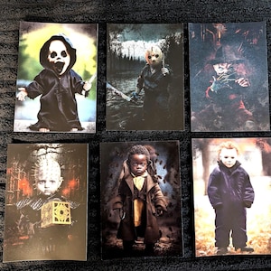 May include: Six different images of children dressed as horror movie characters. The images are in a collage format. The characters include a child dressed as Jason Voorhees, a child dressed as Freddy Krueger, a child dressed as the Ghostface killer, a child dressed as the character from the movie 'The Ring', a child dressed as the character from the movie 'The Conjuring', and a child dressed as the character from the movie 'The Babadook'.