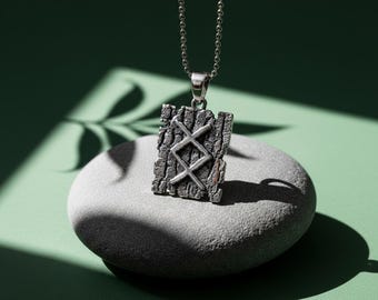 Wikinger Runenstein Halskette, 925 Sterling Silber Inguz Anhänger, Handgefertigter nordischer Meteorit Schmuck, rohes Gestein Runensymbol, heidnisches Geschenk für sie