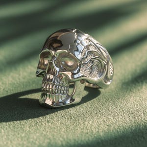 May include: A silver skull ring with intricate detailing. The ring features a detailed skull design with a polished finish. The top of the ring has a decorative pattern. The ring is set against a green background.