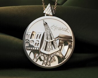 Paris Wahrzeichen Halskette, 925 Sterling Silber Medaillon, Französisch Souvenir