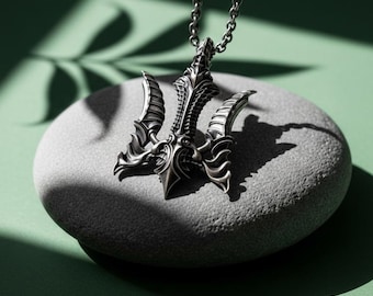 Gothic Dreizack Halskette, 925 Sterling Silber Dark Fantasy Anhänger, handgefertigte Dämon Waffe Schmuck Poseidon Heugabel Geschenk Ihm, Biker Metal